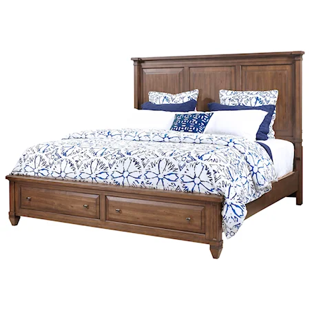 Transitional King Panel Bed with Storage Footboard and USB Charging Ports